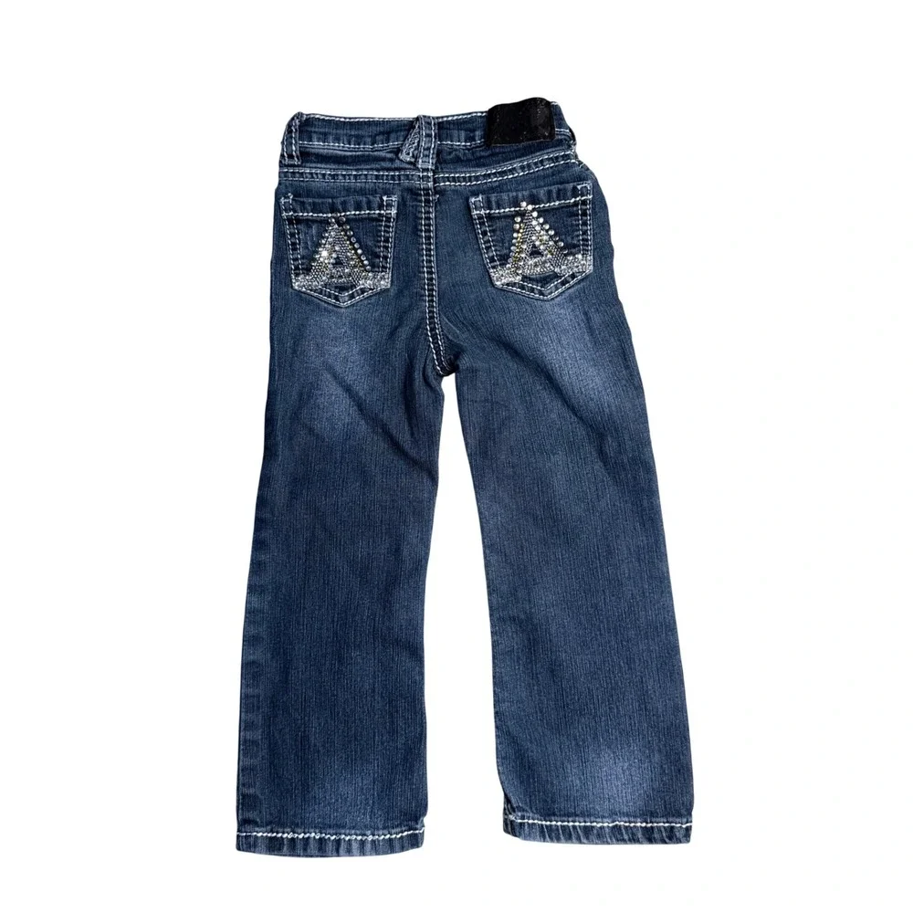Almost Famous Jeans Girls 3T Blue Dark Wash Thick Stitch Rhinestone Pockets Y2K
